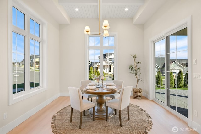 dining area featuring beamed ceiling, recessed lighting, light wood-style flooring, and baseboards