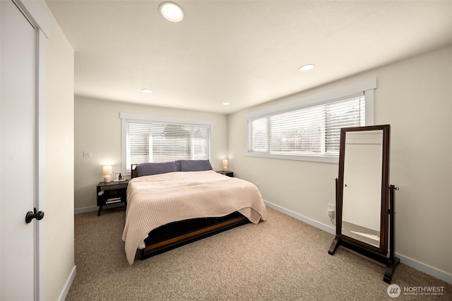 bedroom with recessed lighting, carpet, and baseboards