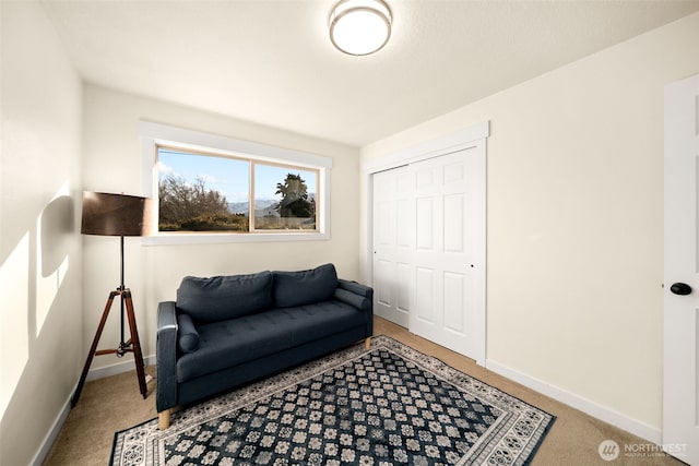 living area with carpet floors and baseboards