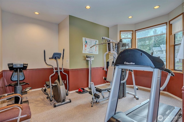 workout room with a wainscoted wall, wood walls, carpet flooring, and recessed lighting