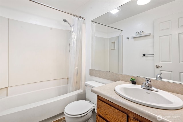 full bath with toilet, shower / bathtub combination with curtain, and vanity