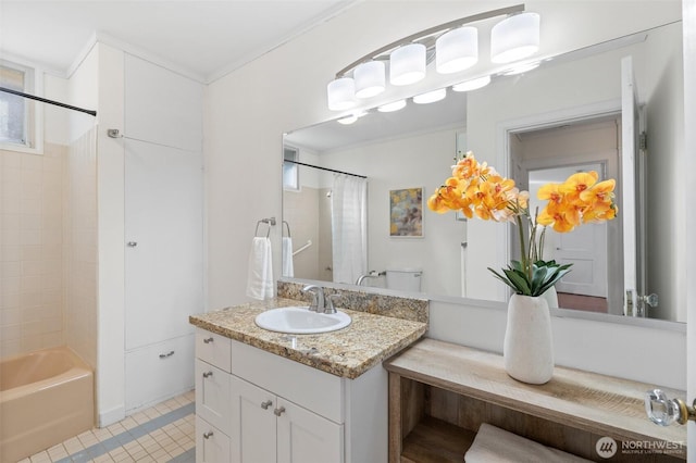 full bath with tile patterned floors, shower / bath combination with curtain, vanity, and crown molding