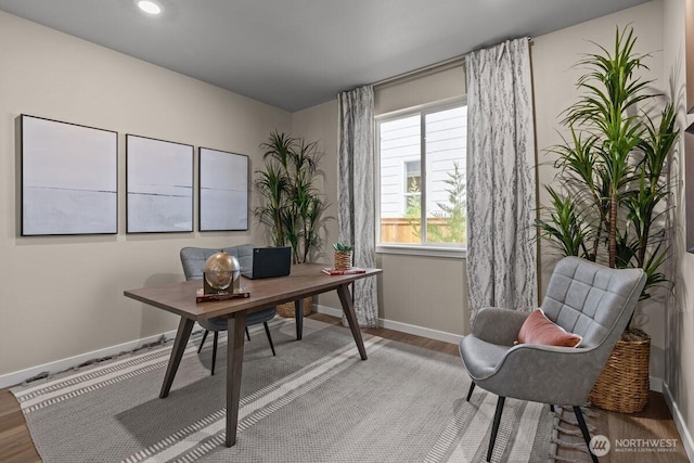 office featuring recessed lighting, baseboards, and wood finished floors