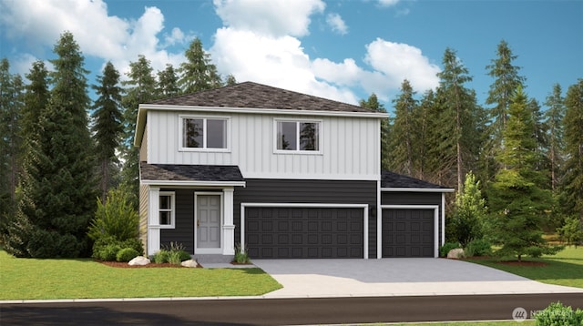 traditional home featuring a garage, driveway, board and batten siding, and a front yard