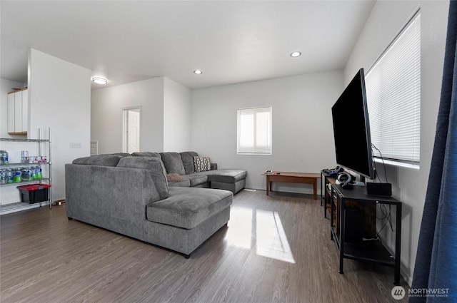 living area with wood finished floors and recessed lighting