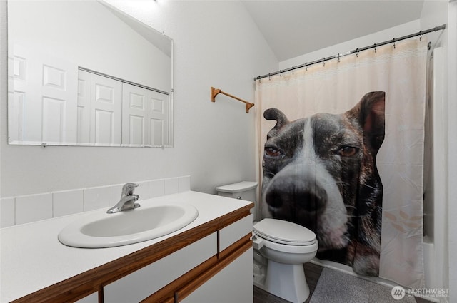 full bath with toilet, lofted ceiling, and vanity