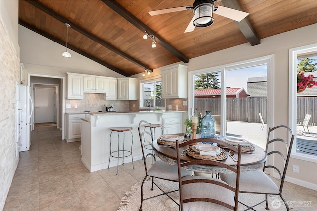 interior space with a peninsula, wood ceiling, light countertops, and backsplash