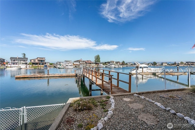 dock area featuring a water view and fence