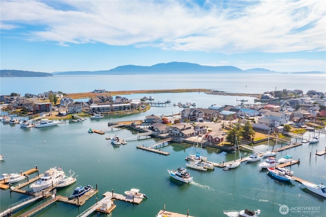 birds eye view of property with a water and mountain view