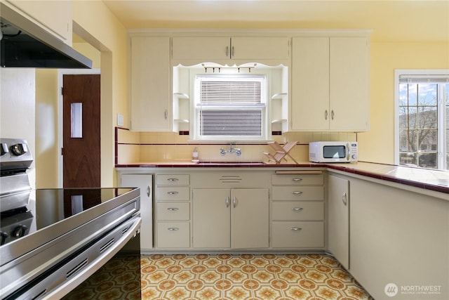 kitchen featuring white microwave, backsplash, range hood, electric range, and a sink