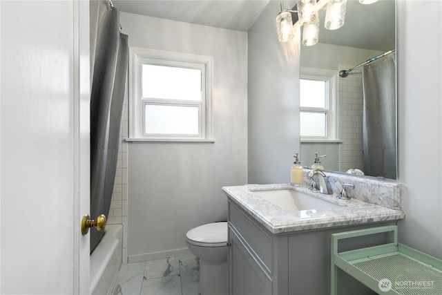 bathroom with toilet, marble finish floor, shower / tub combo, baseboards, and vanity