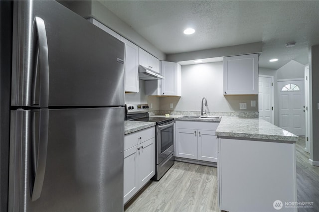 kitchen featuring a sink, white cabinets, under cabinet range hood, appliances with stainless steel finishes, and light wood-type flooring