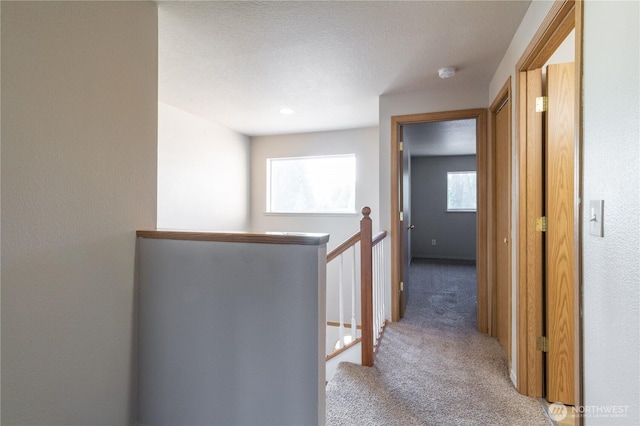 hall with carpet flooring and an upstairs landing