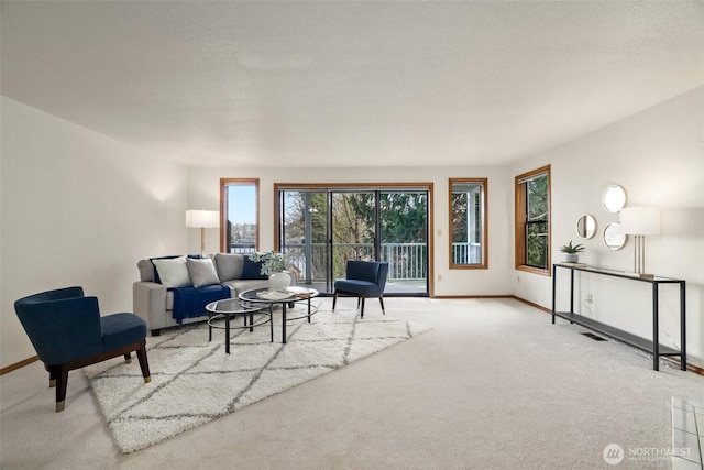 carpeted living area featuring baseboards