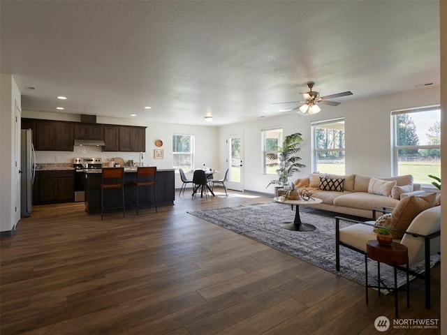 living room with a textured ceiling, dark wood-type flooring, a wealth of natural light, and recessed lighting