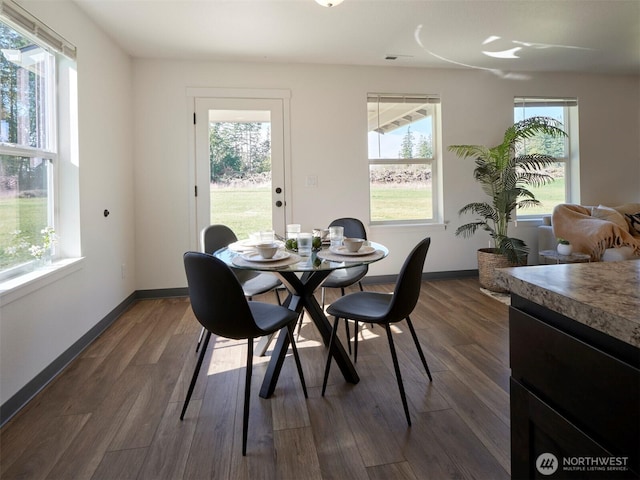 dining area with baseboards, dark wood-style flooring, and a healthy amount of sunlight