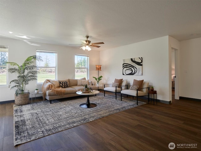 living area featuring wood finished floors, a wealth of natural light, and baseboards