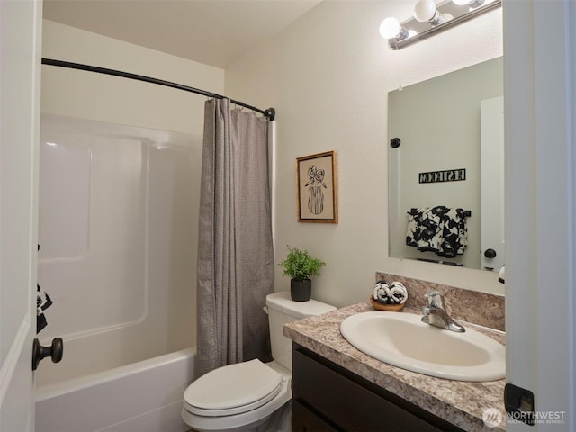 bathroom with vanity, toilet, and shower / bathtub combination with curtain