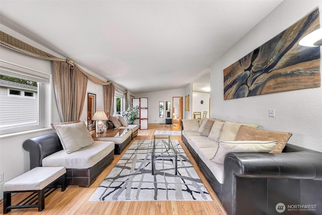 living room with lofted ceiling and wood finished floors