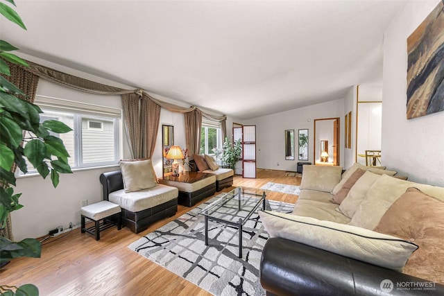 living room with lofted ceiling and wood finished floors