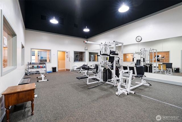 gym with a towering ceiling