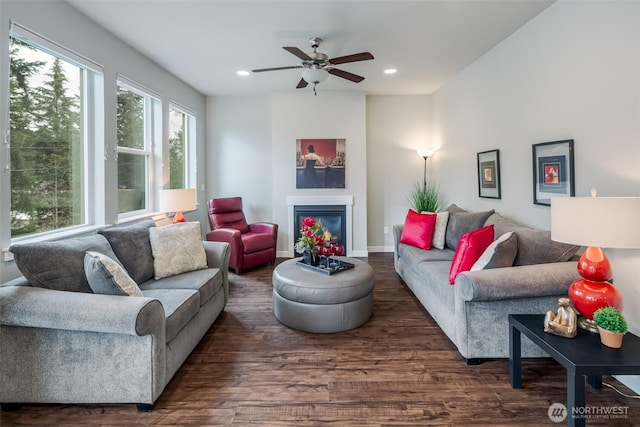 living area with a glass covered fireplace, recessed lighting, baseboards, and wood finished floors