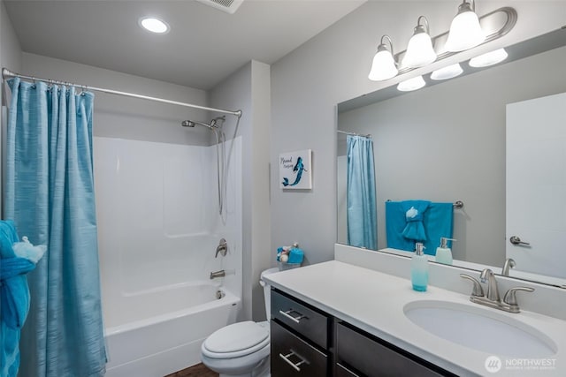 full bathroom featuring a notable chandelier, toilet, vanity, and shower / bath combination with curtain