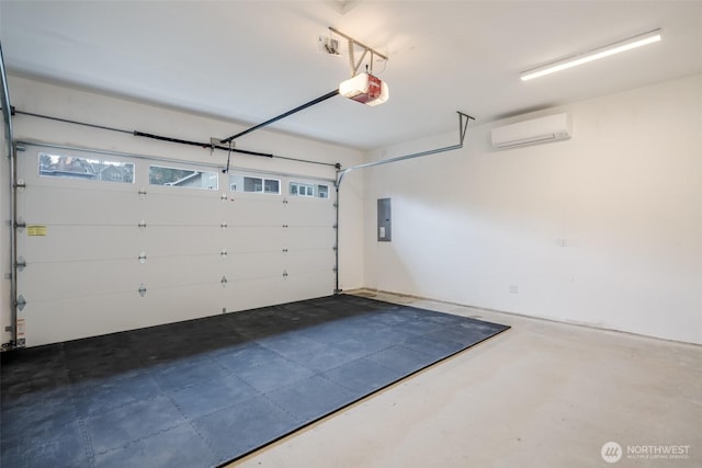 garage featuring a wall mounted air conditioner, electric panel, and a garage door opener