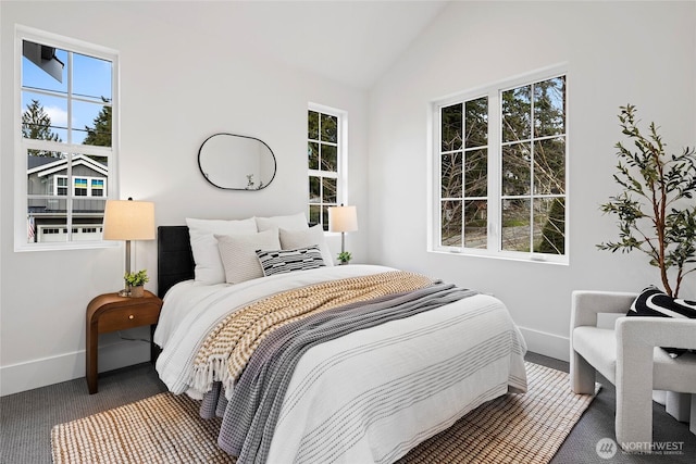 bedroom featuring lofted ceiling, carpet, and baseboards