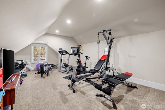 workout area featuring carpet, vaulted ceiling, baseboards, and recessed lighting