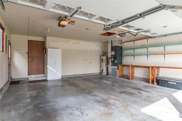 garage featuring strapped water heater, a garage door opener, and heating unit