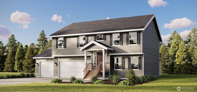 view of front of house featuring a garage, concrete driveway, and a front lawn