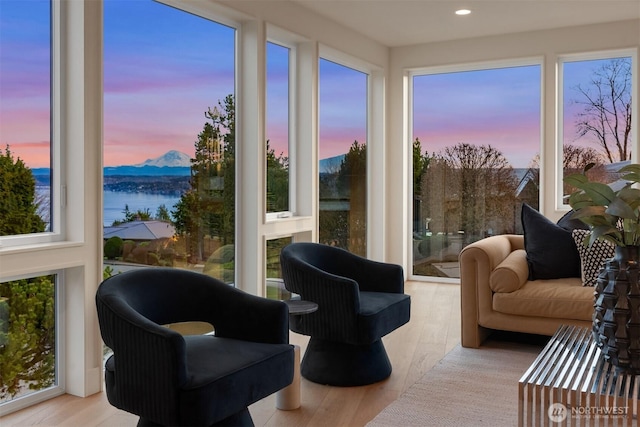 sunroom with a water view