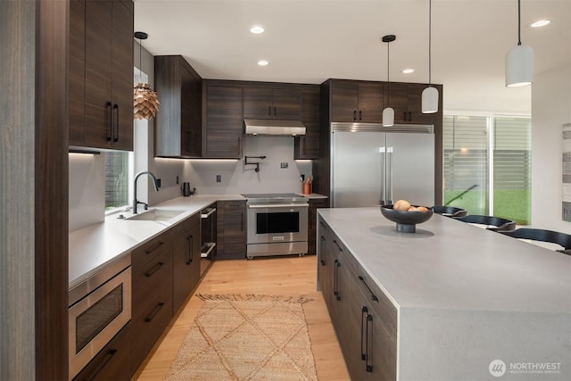 kitchen with built in appliances, light countertops, dark brown cabinets, under cabinet range hood, and a sink