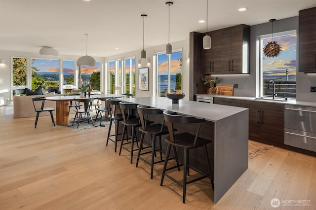 kitchen featuring light wood-style floors, modern cabinets, a sink, and a kitchen breakfast bar