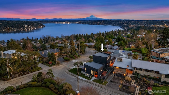 bird's eye view featuring a water and mountain view