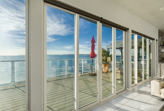 doorway featuring a water view, plenty of natural light, and tile patterned floors