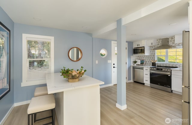 kitchen with white cabinets, wall chimney exhaust hood, stainless steel appliances, and backsplash