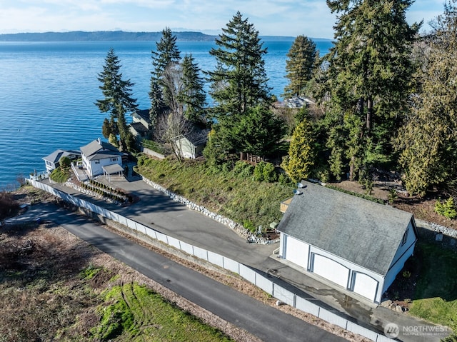 bird's eye view with a water view