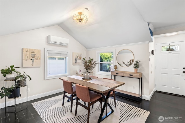 dining area featuring baseboards, vaulted ceiling, an AC wall unit, and crown molding