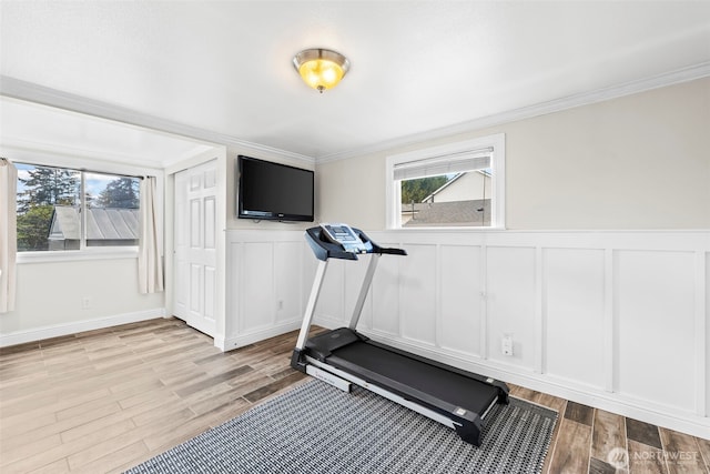 exercise area with light wood-type flooring, a decorative wall, a wainscoted wall, and ornamental molding