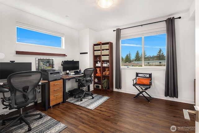 office space featuring a wealth of natural light, baseboards, and dark wood-style flooring