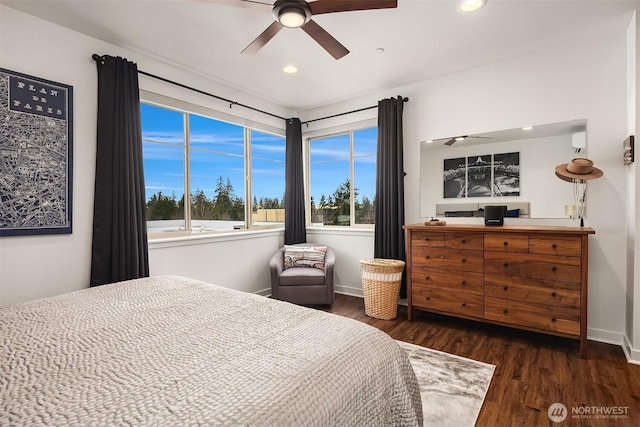 bedroom featuring recessed lighting, wood finished floors, a ceiling fan, and baseboards