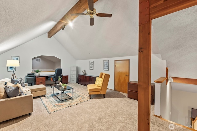 carpeted living area featuring lofted ceiling with beams, a textured ceiling, and a ceiling fan