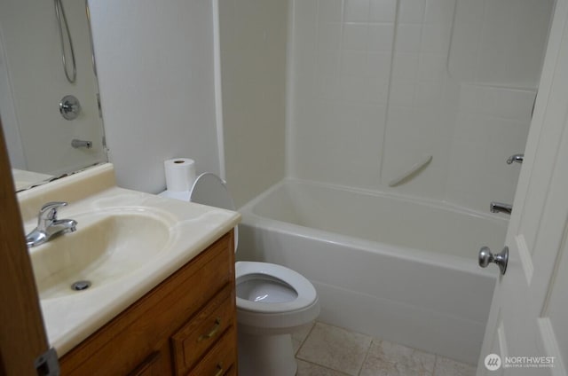 bathroom with toilet, tile patterned flooring, shower / washtub combination, and vanity