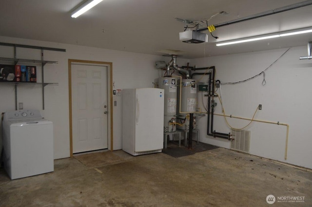 garage with water heater, freestanding refrigerator, washer / dryer, and a garage door opener