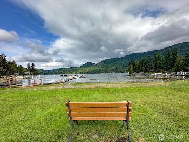 view of community featuring a lawn, a boat dock, and a water and mountain view