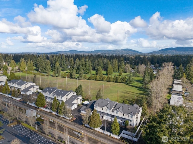 bird's eye view featuring a residential view, a mountain view, and a wooded view