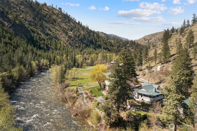 drone / aerial view with a forest view and a mountain view
