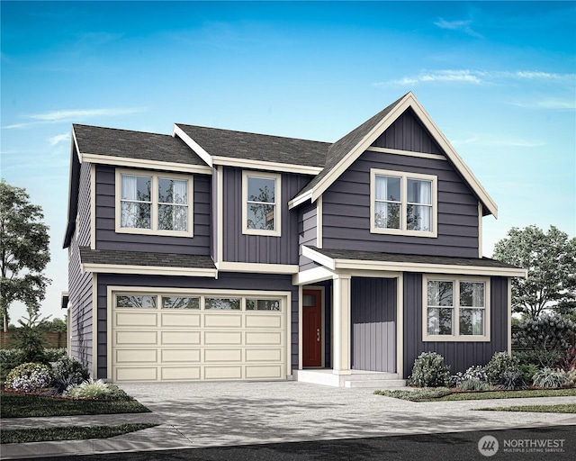 view of front facade with a garage, board and batten siding, and concrete driveway